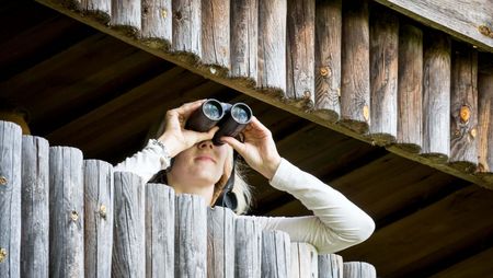 Frau beobachtet mit Fernglas aus einer Beobachtungshütte