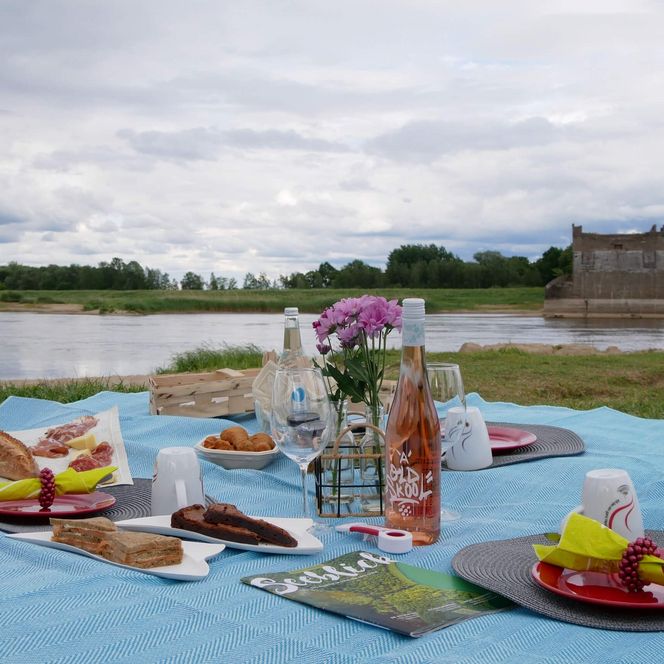 Picknick mit Picknickdecke am Ufer der Oder