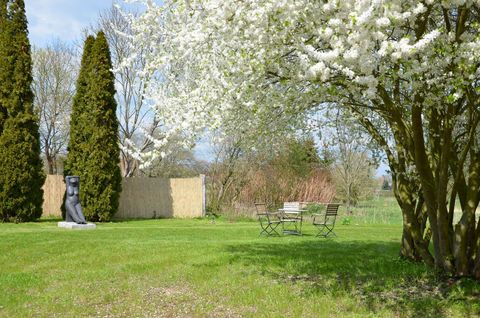 Auf einer Wiese steht ein Gartentisch mit vier Gartenstühlen unter einem blühenden Baum. Es handelt sich um den Museumsgarten im Schloss Trebnitz