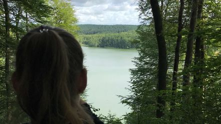 Blick über die Schulter einer Person auf einen See